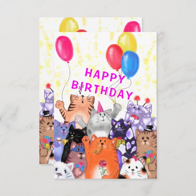 Funny Birthday Card Happy Cat Party (Front/Back)