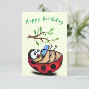 Funny Birthday Card Happy Ladybug with Phone