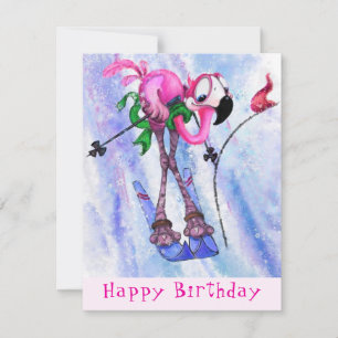 Funny Birthday Card Pink Flamingo Skier - Cartoon