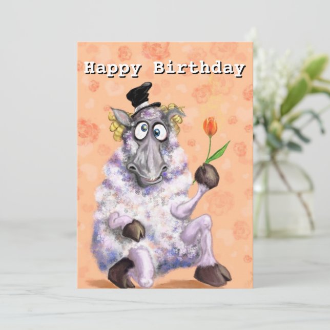 Funny Birthday Card Romantic Ram with Flower (Standing Front)