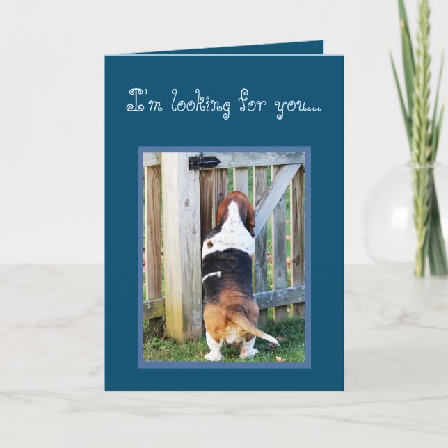 Funny Birthday Card w/Cute Basset Hound & Cake (Front)