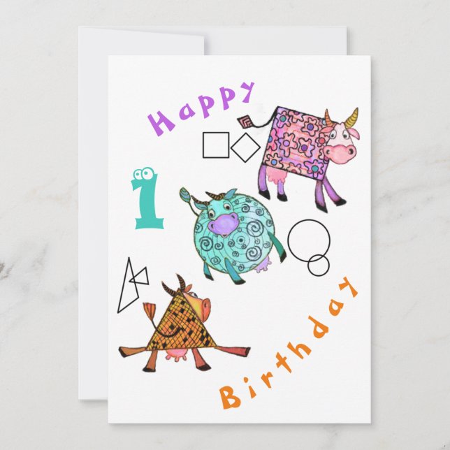Funny Birthday Card with Colourful Geometric Cows (Front)