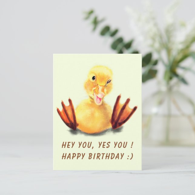 Funny Birthday Card with Happy Duck - Custom Text (Standing Front)