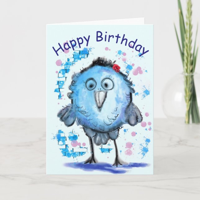 Funny Birthday Card with Little Blue Bird (Front)