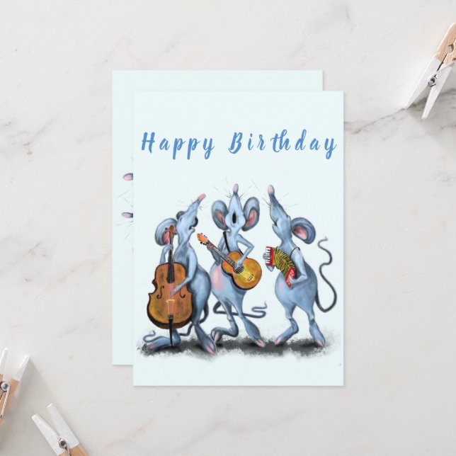 Funny Birthday Card with Musical Mouse Band (Front/Back In Situ)