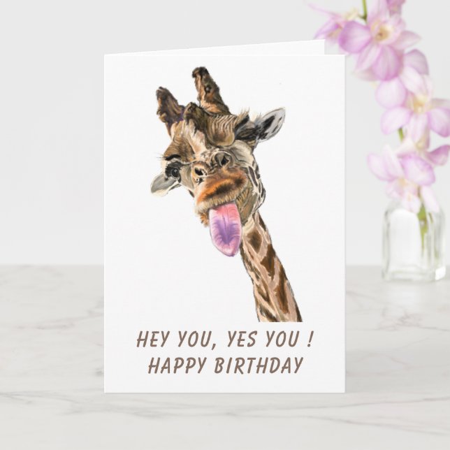 Funny Birthday Card with Playful Giraffe - Smile (Orchid)