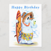 Funny Birthday Card with Snowman Surfer