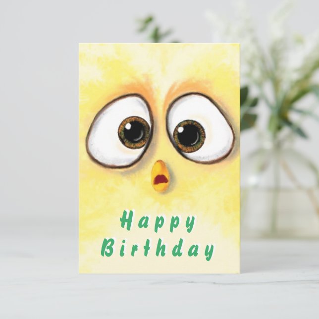 Funny Birthday Card with Surprised Cute Chicken (Standing Front)