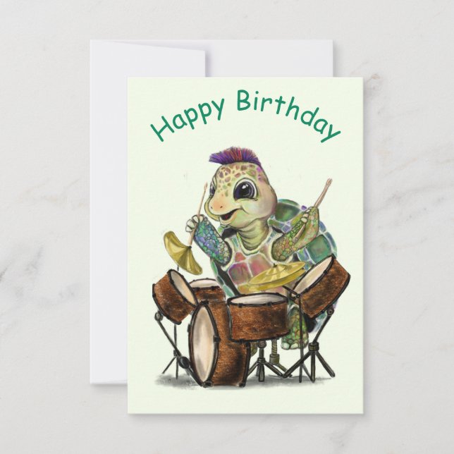Funny Birthday Card with Turtle Drummer (Front)