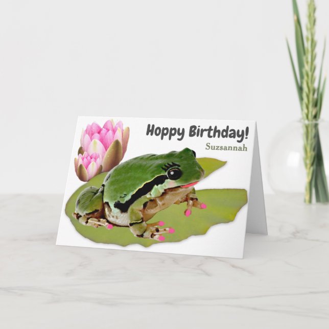 Funny Birthday Frog Princess Pink Water Lily Card (Front)