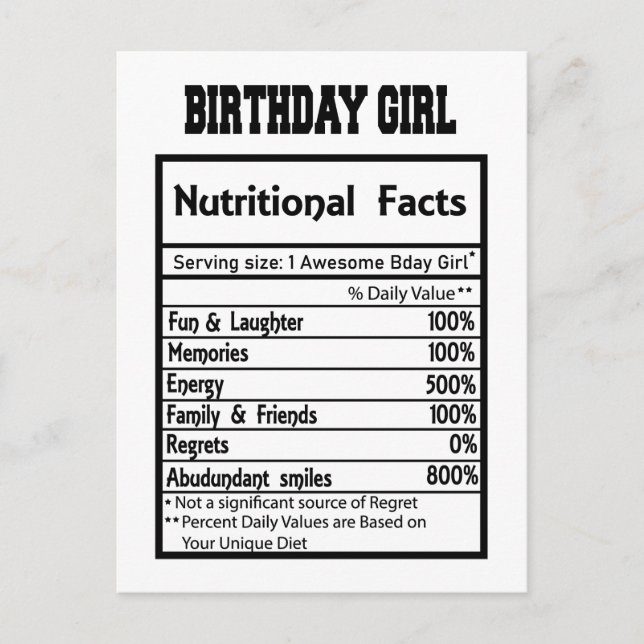Funny Birthday Girl Nutritional Facts Postcard (Front)