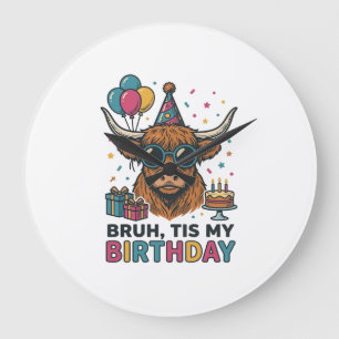 Funny Birthday Highland Cow Party Design_1 Large Clock
