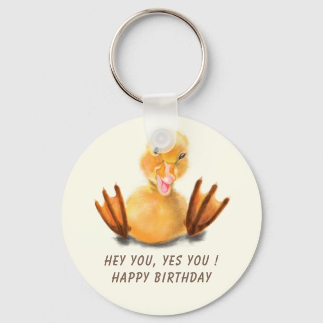 Funny Birthday Keychain Playful Winking Duckling (Front)