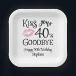 Funny Birthday Kiss Your Decade Goodbye Paper Plate<br><div class="desc">Funny Birthday Kiss Your Decade Goodbye Paper Plates. Celebrate a birthday beginning a new decade with these funny party napkins featuring an editable decade modern typography design for the saying KISS YOUR DECADE GOODBYE (the sample shows 40s for a 50th birthday) and personalised with your custom text. CHANGES: The personalised...</div>