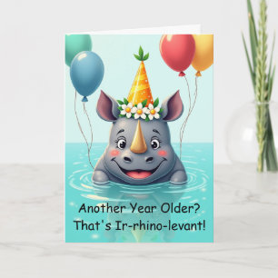 Funny Birthday Rhino Party Hat & Balloons Card