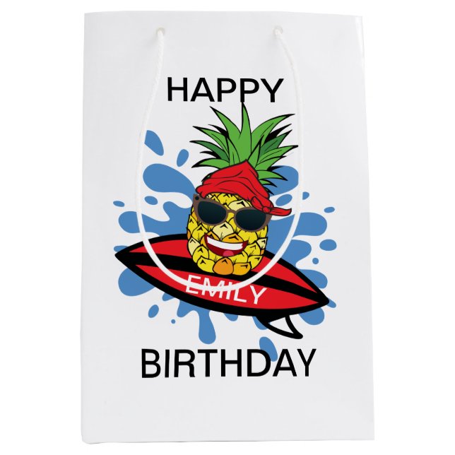 Funny Birthday Surfing Pineapple Medium Gift Bag (Front)