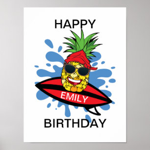 Funny Birthday Surfing Pineapple Poster