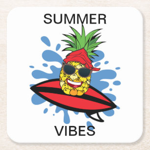 Funny Birthday Surfing Pineapple Square Paper Coaster