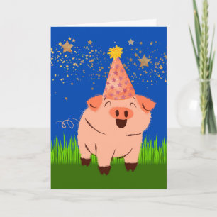 Funny Birthday with Pig in Birthday Hat Gold Stars Card