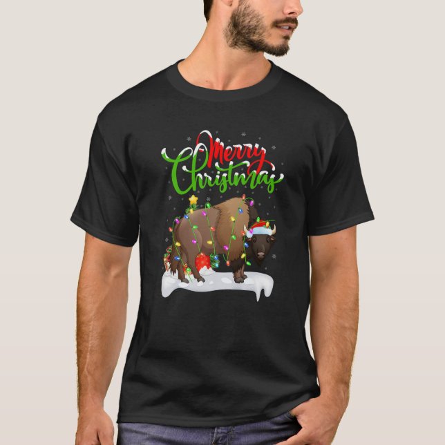 Funny Bison Animal Lover Xmas Lighting Bison Chris T-Shirt (Front)