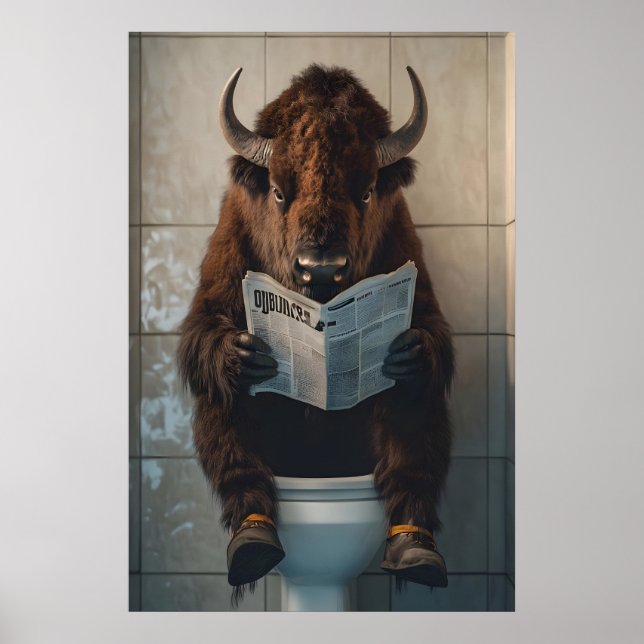 Funny Bison Bathroom Print, Toilet Newspaper Art Poster (Front)