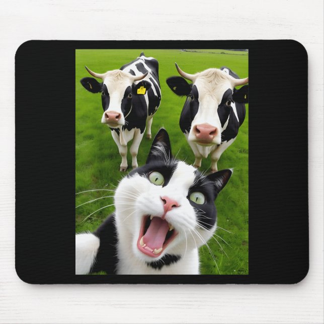 Funny Black And White Cat Cow Selfie  Mouse Pad (Front)