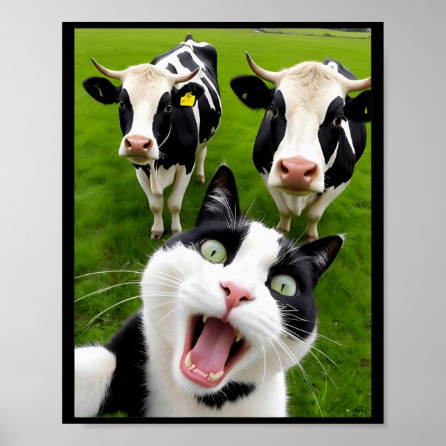 Funny Black And White Cat Cow Selfie  Poster (Front)