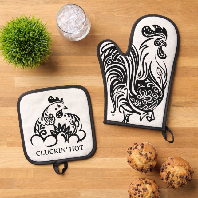 Funny Black and White Chicken Oven Mitt & Pot Holder Set (Top Down)