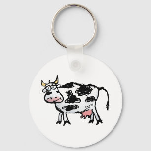 Funny Black and White Cow Cartoon Key Ring