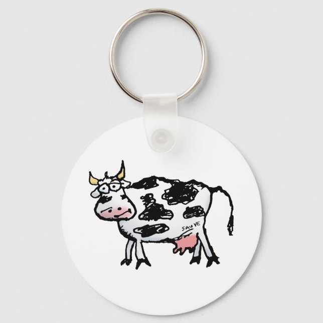 Funny Black and White Cow Cartoon Key Ring (Front)