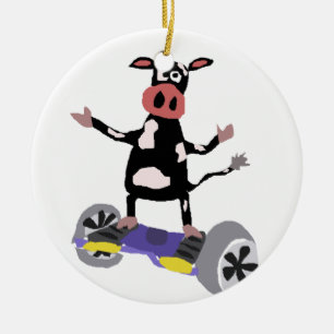 Funny Black and White Cow on Hoverboard Ceramic Ornament