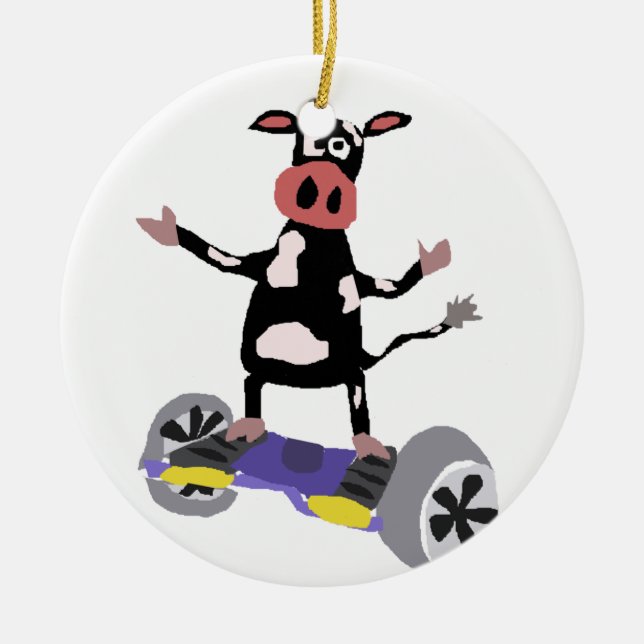 Funny Black and White Cow on Hoverboard Ceramic Ornament (Front)