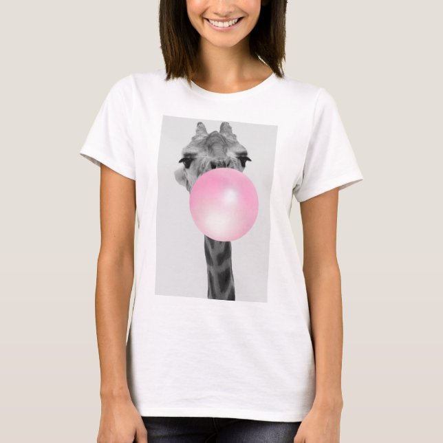 Funny Black and White Giraffe with Bubble Gum T-Shirt (Front)