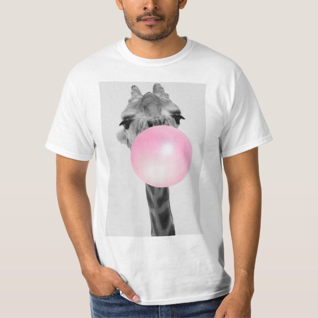 Funny Black and White Giraffe with Bubble Gum T-Shirt (Front)