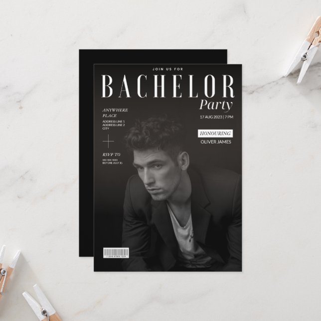 Funny, black and white, magazine bachelor party  invitation (Front/Back In Situ)