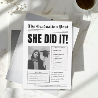 Funny black and white newspaper graduation party invitation