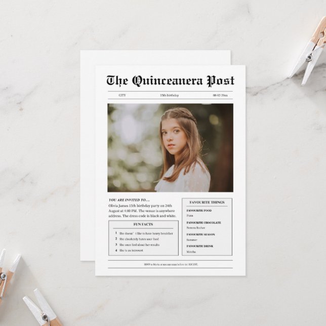 Funny black and white newspaper photo Quinceanera Invitation (Front/Back In Situ)