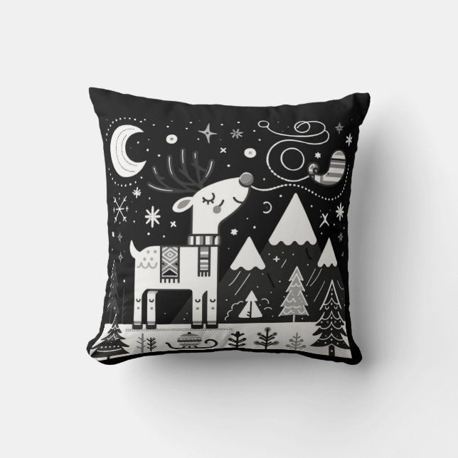 Funny Black and White Reindeer Pattern Cushion (Front)