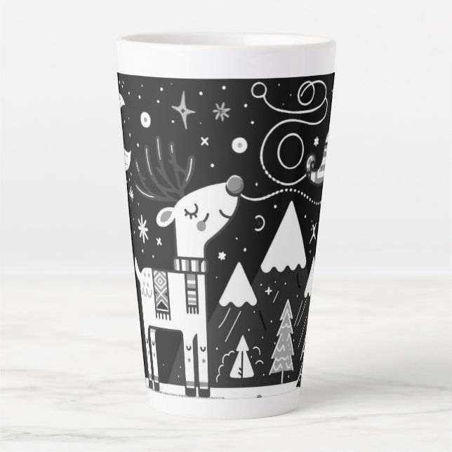Funny Black and White Reindeer Pattern Latte Mug (Front)