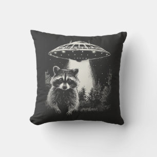 Funny Black and White Space Racoon UFO Cushion