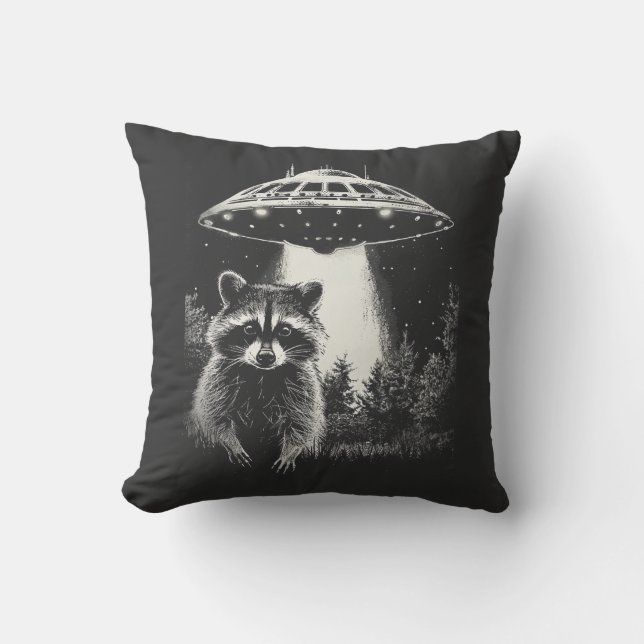 Funny Black and White Space Racoon UFO  Cushion (Front)