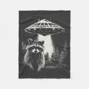 Funny Black and White Space Racoon UFO  Fleece Blanket
