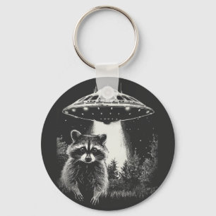 Funny Black and White Space Racoon UFO Key Ring