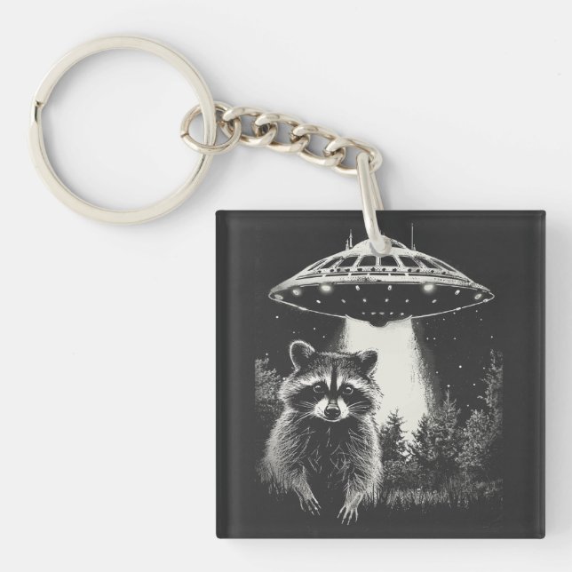 Funny Black and White Space Racoon UFO  Key Ring (Front)