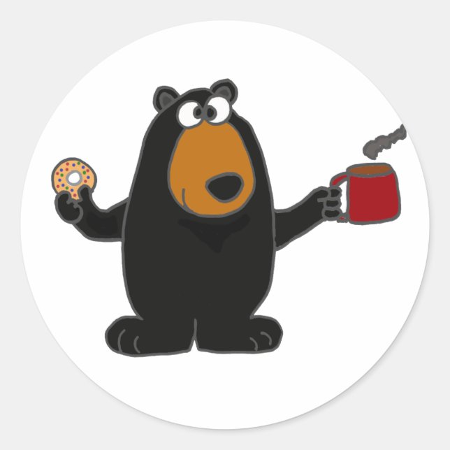 Funny Black Bear Eating Doughnut and Drinking Coff Classic Round Sticker (Front)