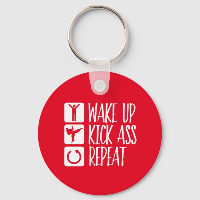 Funny Black Belt Martial Arts Wake Up Kick Repeat Key Ring (Front)