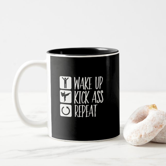 Funny Black Belt Martial Arts Wake Up Kick Repeat Two-Tone Coffee Mug (With Donut)