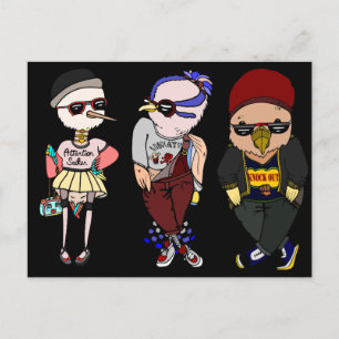 Funny Black Birds Wearing Clothes Illustration Art Postcard