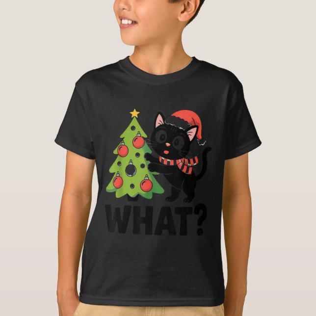 Funny Black Ca Pushing Christmas Tree Over Cat Wha T-Shirt (Front)