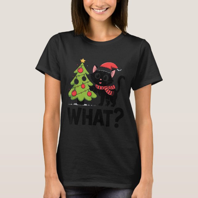 Funny Black Ca Pushing Christmas Tree Over Cat Wha T-Shirt (Front)